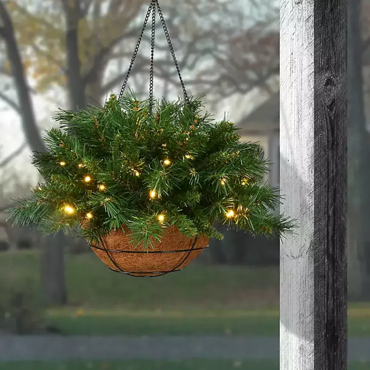 Christmas Arrangements & Garland>Kirklands Home Pre-Lit Tiffany Fir Christmas Hanging Basket Green