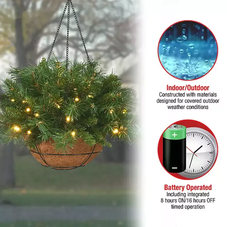 Christmas Arrangements & Garland>Kirklands Home Pre-Lit Tiffany Fir Christmas Hanging Basket Green