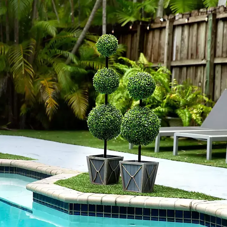 Trees & Topiaries>Kirklands Home Pre-Lit Triple Boxwood Topiary in Planter, 4 ft.
