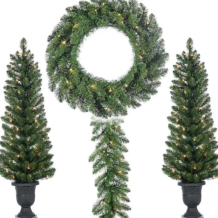 Christmas Arrangements & Garland>Kirklands Home Pre-Lit Vancouver Pine 4-pc. Christmas Floral Set Green