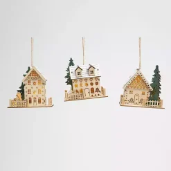 Christmas Ornaments>Kirklands Home Pre-Lit Wooden House Christmas Ornaments, Set of 3 Tan