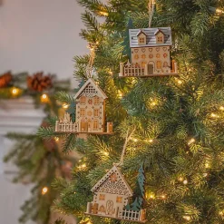Christmas Ornaments>Kirklands Home Pre-Lit Wooden House Christmas Ornaments, Set of 3 Tan