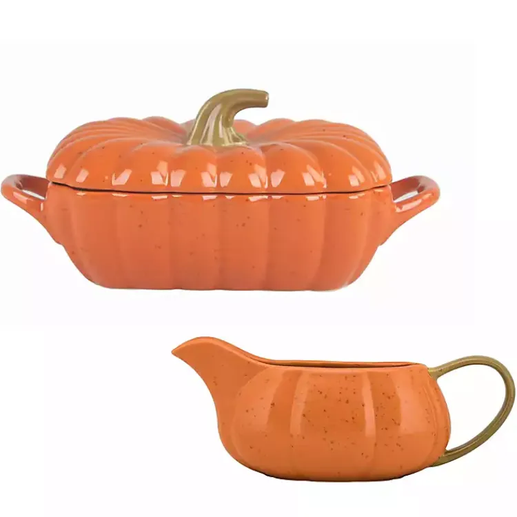 Fall>Kirklands Home Pumpkin Casserole Dish and Gravy Boat Orange