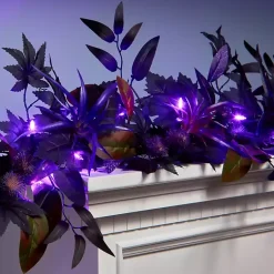Halloween>Kirklands Home Purple Pre-Lit Black Leaves Garland