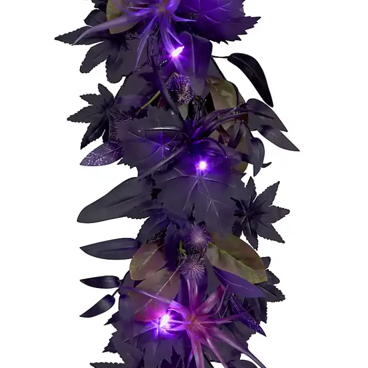 Halloween>Kirklands Home Purple Pre-Lit Black Leaves Garland