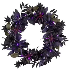 Halloween>Kirklands Home Purple Pre-Lit Black Leaves Wreath