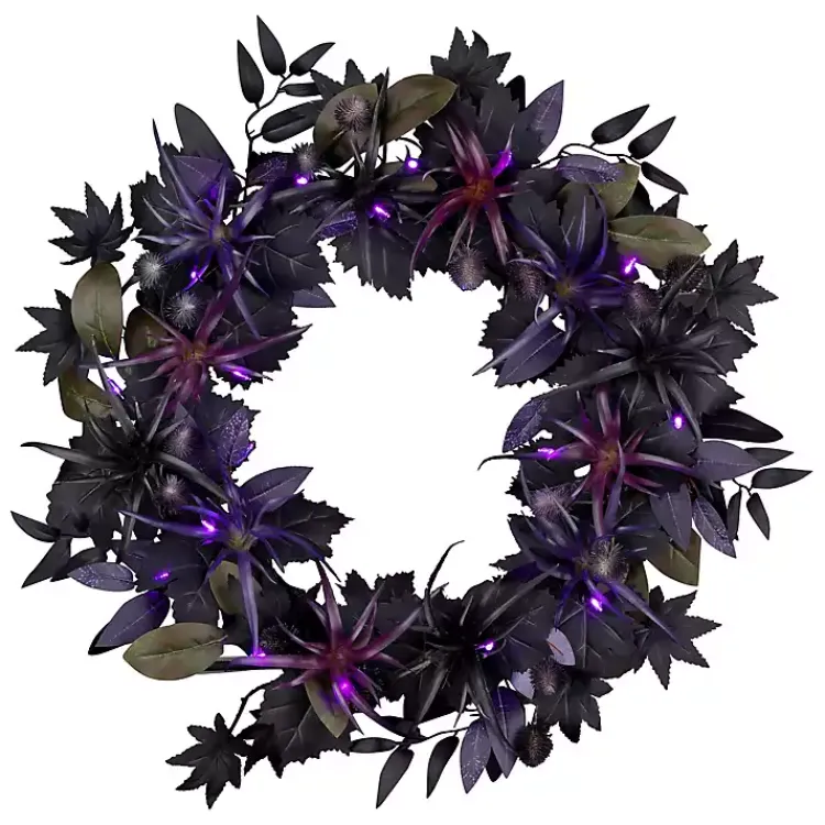 Halloween>Kirklands Home Purple Pre-Lit Black Leaves Wreath