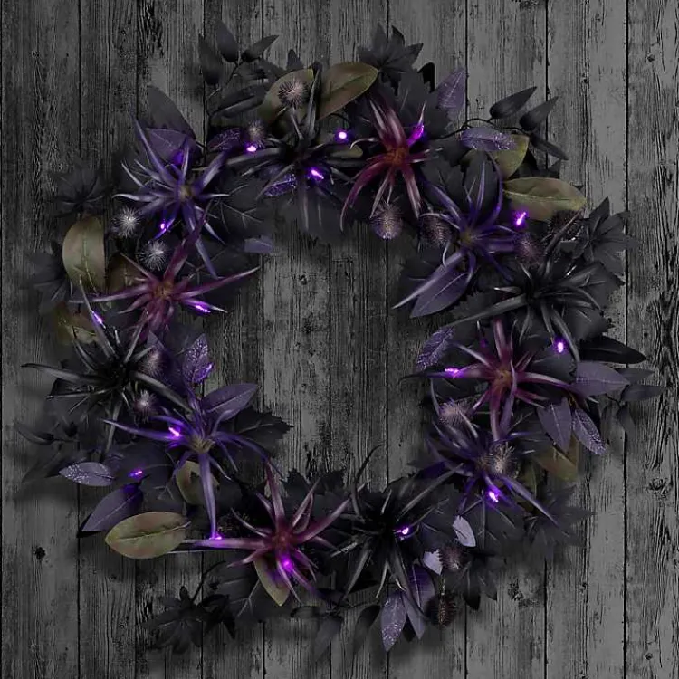 Halloween>Kirklands Home Purple Pre-Lit Black Leaves Wreath