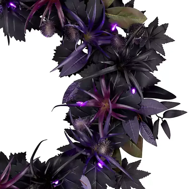 Halloween>Kirklands Home Purple Pre-Lit Black Leaves Wreath