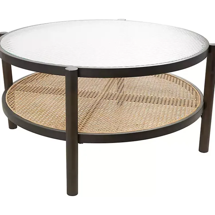 Kirklands Home Rattan and Glass 2-Tier Coffee Table Clearance