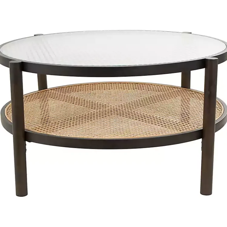 Kirklands Home Rattan and Glass 2-Tier Coffee Table Clearance
