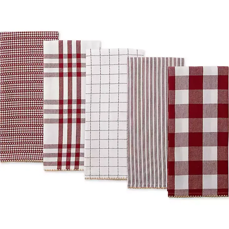 Kirklands Home Red & White Woven Patterns 5-pc. Dish Towel Set New