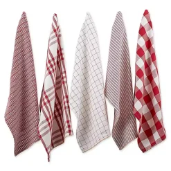 Kirklands Home Red & White Woven Patterns 5-pc. Dish Towel Set New