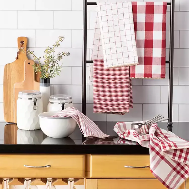 Kirklands Home Red & White Woven Patterns 5-pc. Dish Towel Set New