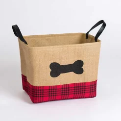 Baskets & Boxes>Kirklands Home Red and Black Plaid Dog Bone Jute Bin