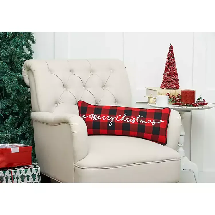 Christmas Pillows>Kirklands Home Red and Black Plaid Merry Christmas Pillow