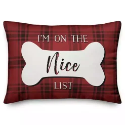 Christmas Pillows>Kirklands Home Red and Black Plaid Naughty and Nice Bone Pillow