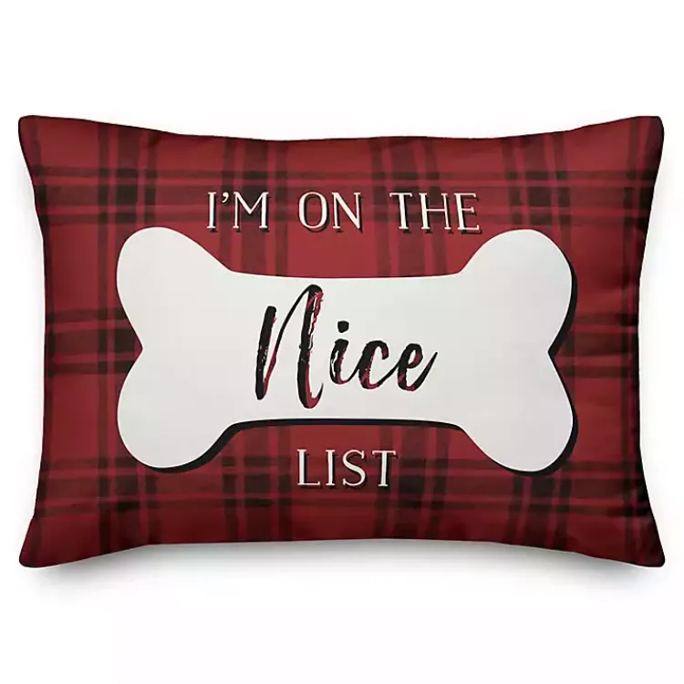 Christmas Pillows>Kirklands Home Red and Black Plaid Naughty and Nice Bone Pillow