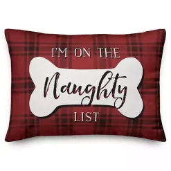 Christmas Pillows>Kirklands Home Red and Black Plaid Naughty and Nice Bone Pillow