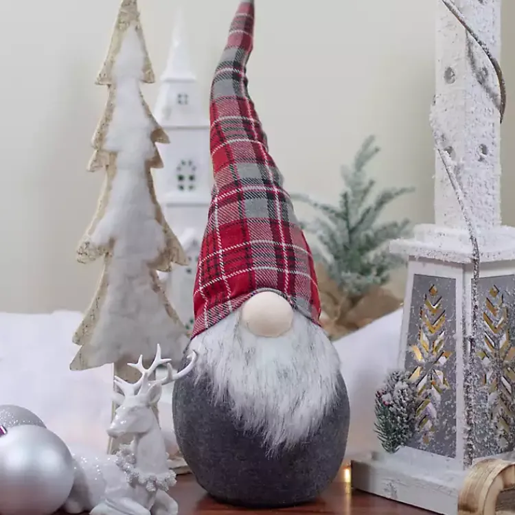 Christmas Decorations>Kirklands Home Red and Gray Plaid Hat Sitting Christmas Gnome