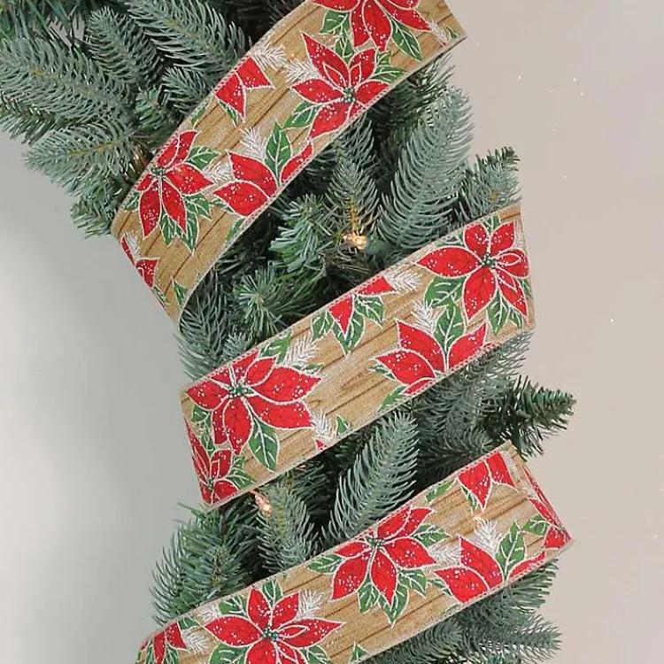 Christmas Tree Decorations>Kirklands Home Red and Green Poinsettia 16 yard Christmas Ribbon