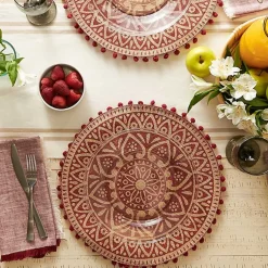 Kirklands Home Red and Natural Print Round Placemats, Set of 6