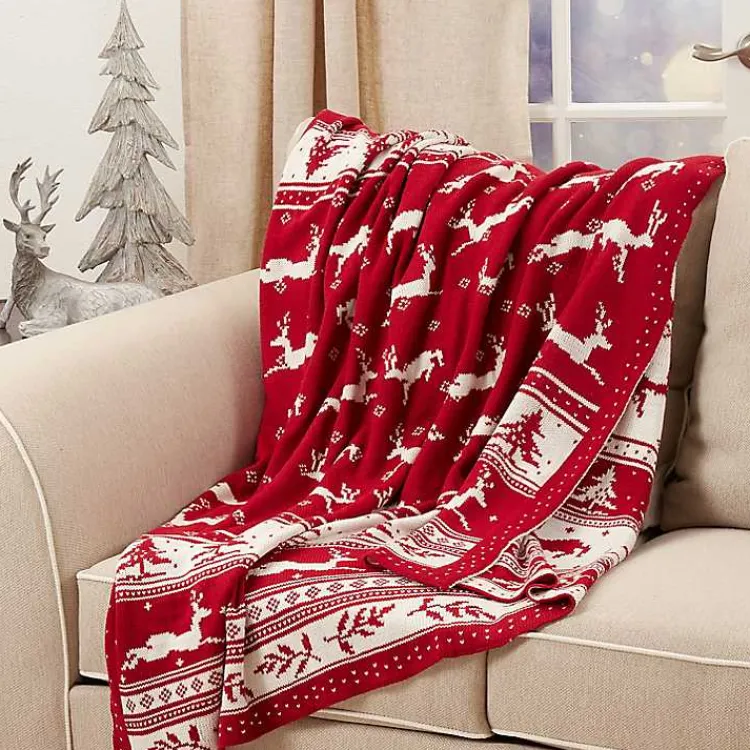 Christmas Decorations>Kirklands Home Red and White Stripe Reindeer Christmas Knit Throw