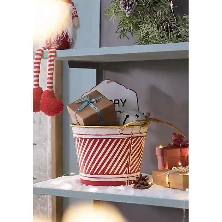 Christmas Decorations>Kirklands Home Red and White Striped Christmas Tin Container