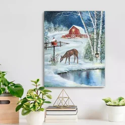Christmas Art & Wall Decor>Kirklands Home Red Barn with Deer Canvas Art Print Multi