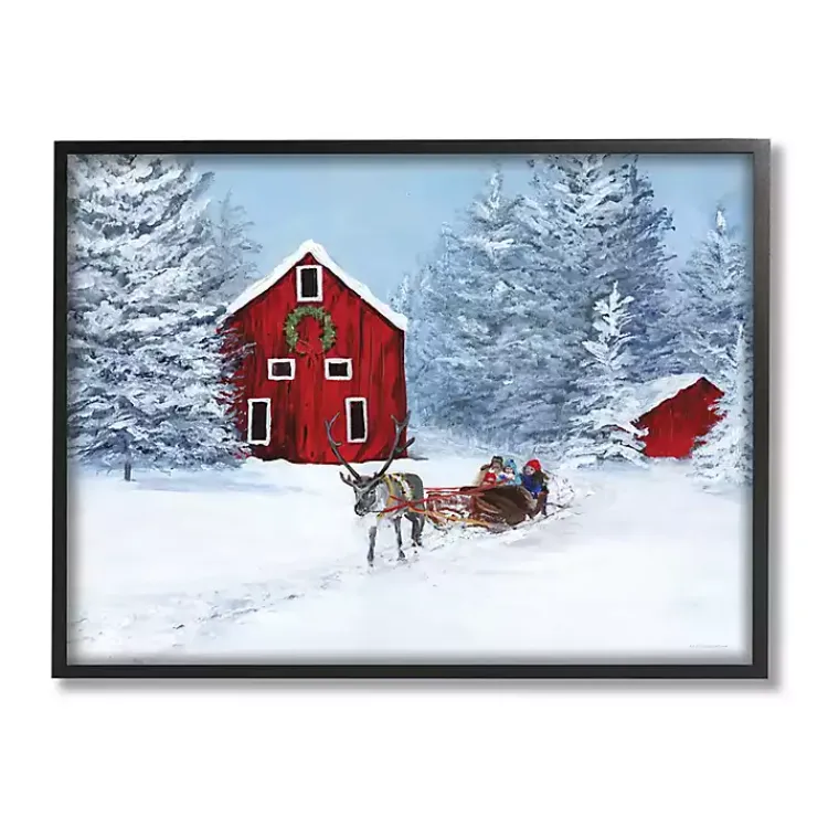 Christmas Art & Wall Decor>Kirklands Home Red Barn with Reindeer Framed Art Print