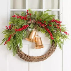 Wreaths>Kirklands Home Red Berries and Gold Bells Half Wreath