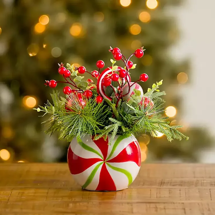 Arrangements & Greenery>Kirklands Home Red Berry Arrangement in Peppermint Vase