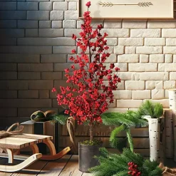 Christmas Arrangements & Garland>Kirklands Home Berry Christmas Arrangement in Metal Pot Red