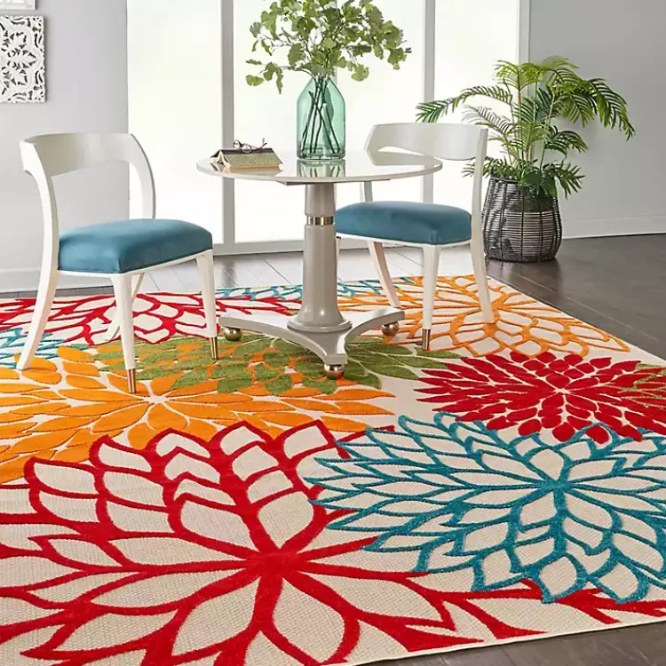 Kirklands Home Red Bright Floral Burst Outdoor Area Rug, 7x10 New