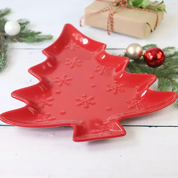 Kirklands Home Christmas Tree and Snowflakes Serving Platter Red Discount