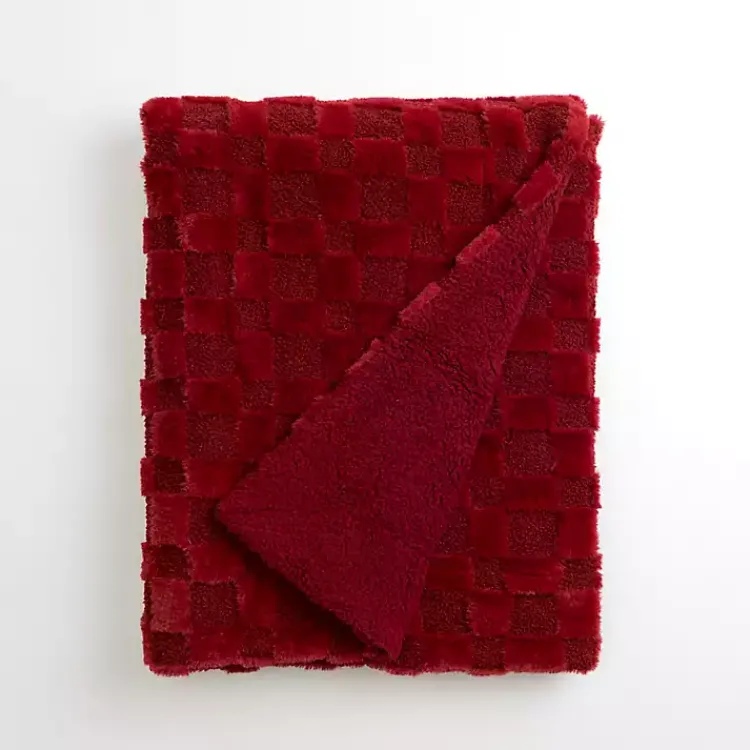 Blankets & Throws>Kirklands Home Faux Fur and Boucle Checkerboard Throw Red
