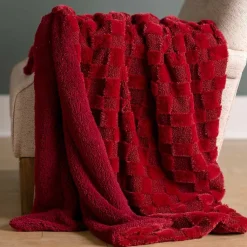 Blankets & Throws>Kirklands Home Faux Fur and Boucle Checkerboard Throw Red
