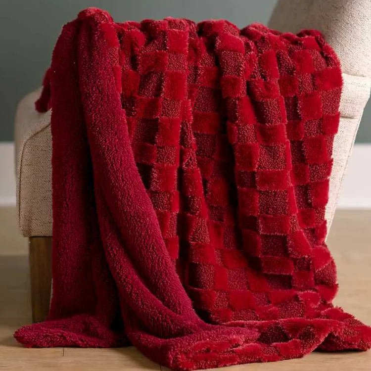 Blankets & Throws>Kirklands Home Faux Fur and Boucle Checkerboard Throw Red