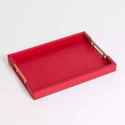 Decorative Trays>Kirklands Home Faux Leather Gold Handle Tray Red