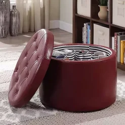 Kirklands Home Faux Leather Round Shoe Storage Ottoman Red Online