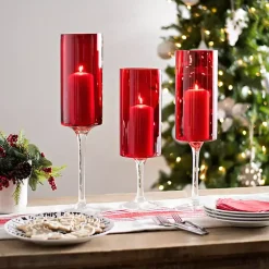 Candle Holders>Kirklands Home Glass Stemmed Hurricanes, Set of 3 Red