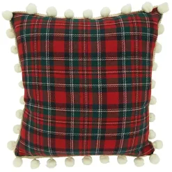 Pillows>Kirklands Home Red Plaid and Pom Pom Pillow
