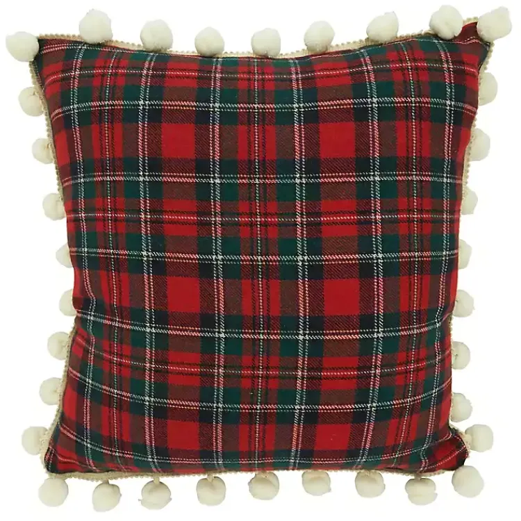Pillows>Kirklands Home Red Plaid and Pom Pom Pillow