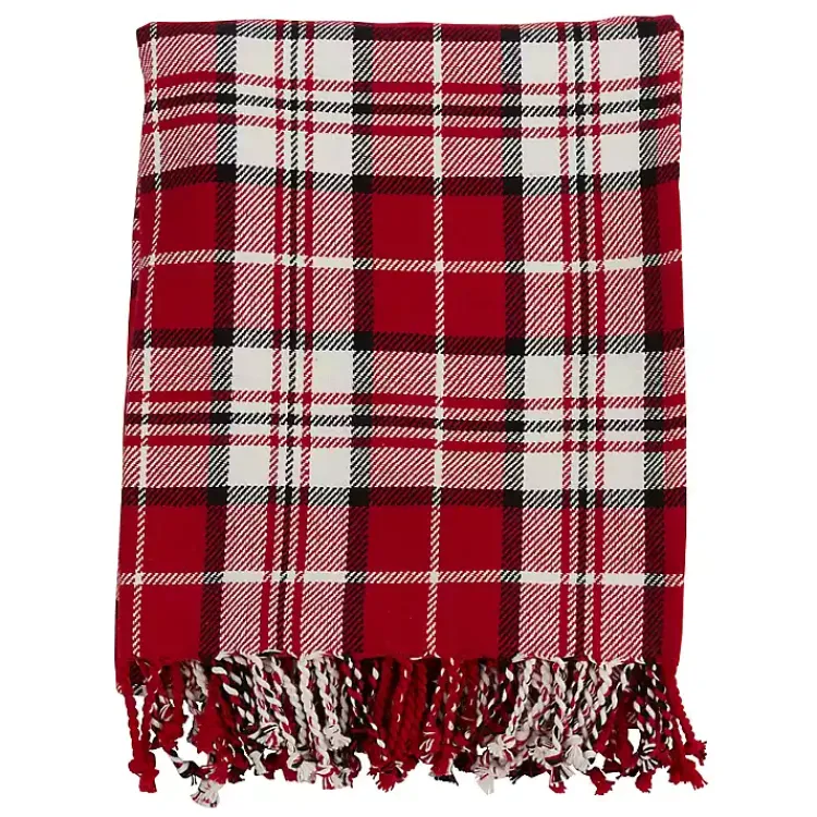 Blankets & Throws>Kirklands Home Plaid Cotton Throw with Tassels Red