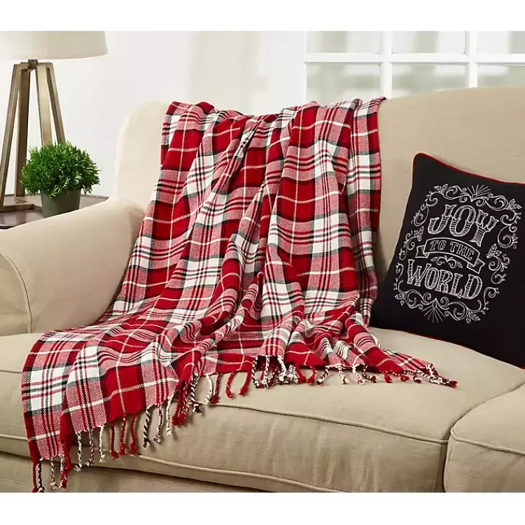 Blankets & Throws>Kirklands Home Plaid Cotton Throw with Tassels Red