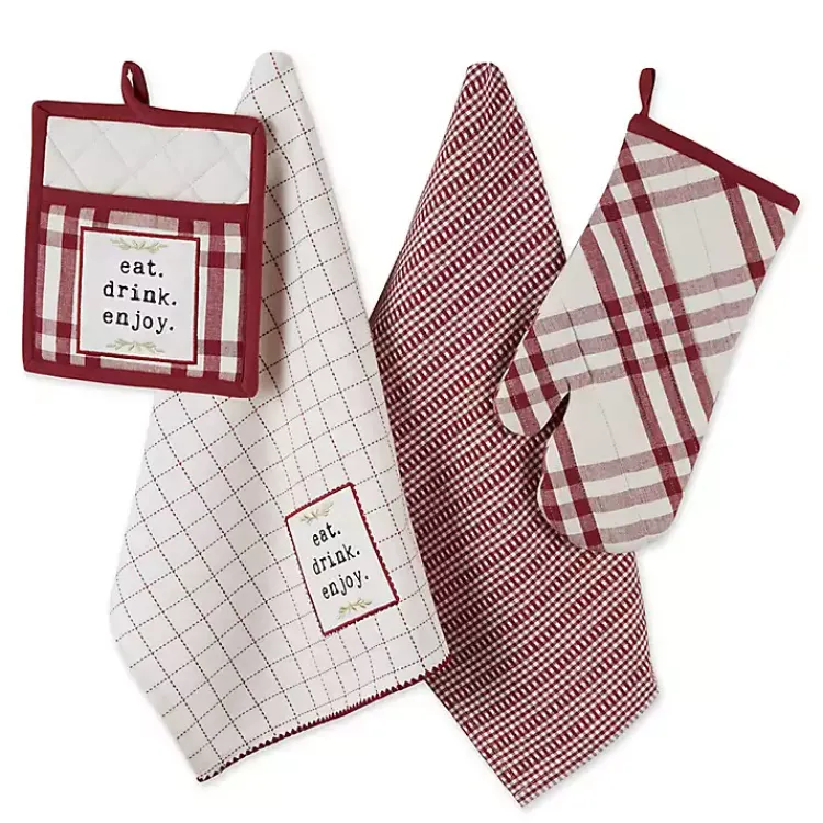 Kirklands Home Red Plaid Eat Drink Enjoy 4-pc. Dish Towel Set Discount