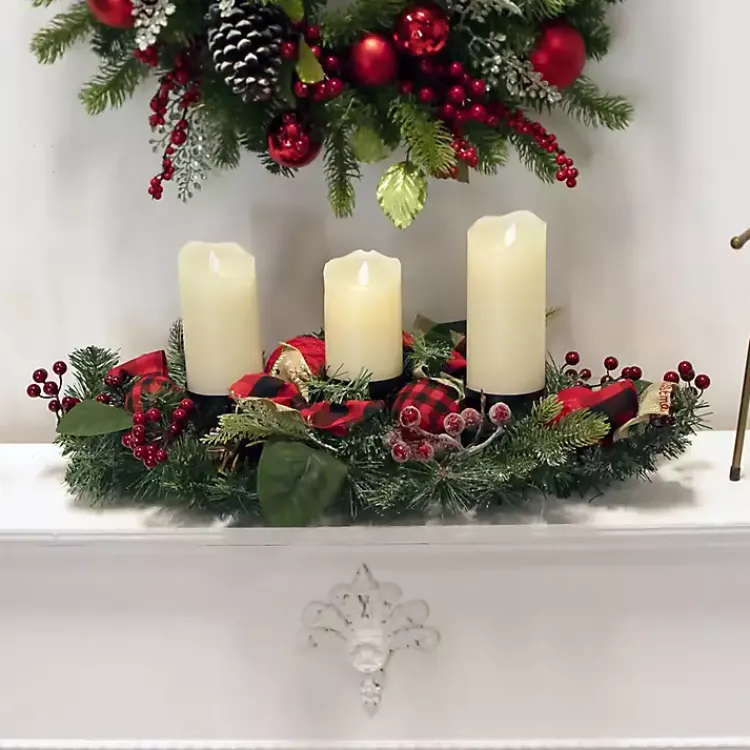 Arrangements & Greenery>Kirklands Home Red Plaid Ornaments and Pine Candle Centerpiece