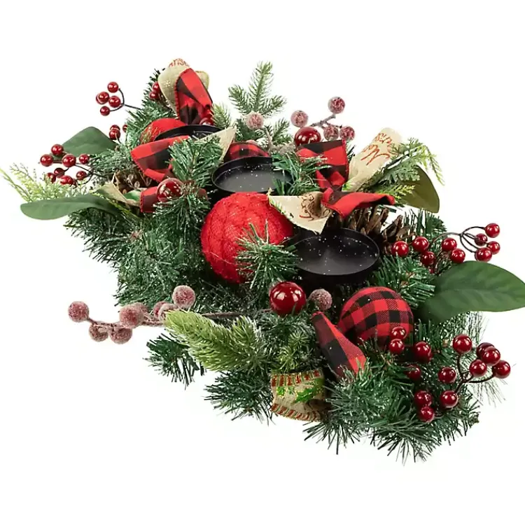 Arrangements & Greenery>Kirklands Home Red Plaid Ornaments and Pine Candle Centerpiece