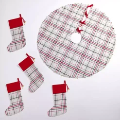 Christmas Stockings & Stocking Holders>Kirklands Home Red Plaid 5-pc. Tree Skirt and Stocking Set