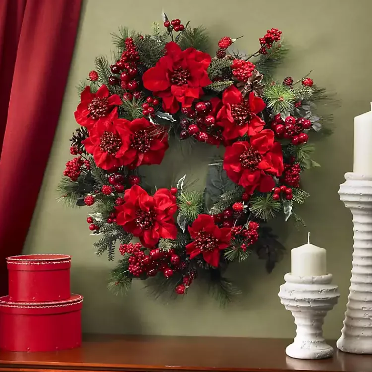 Christmas Wreaths>Kirklands Home Poinsettia and Berry Wreath Red